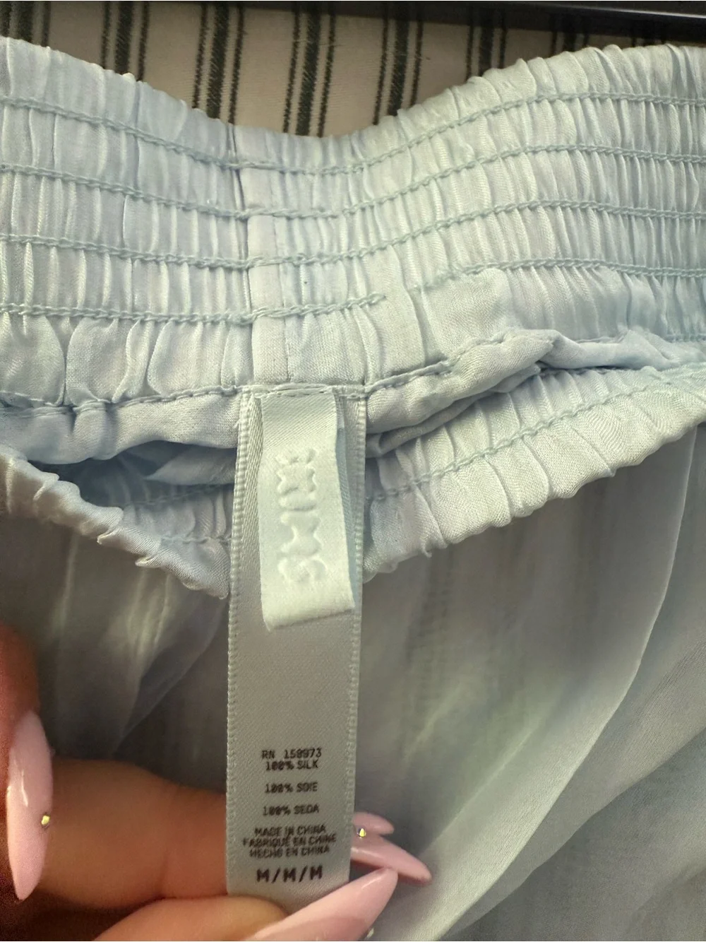 Skims Pale Blue Elastic Waistband Pants 100% silk